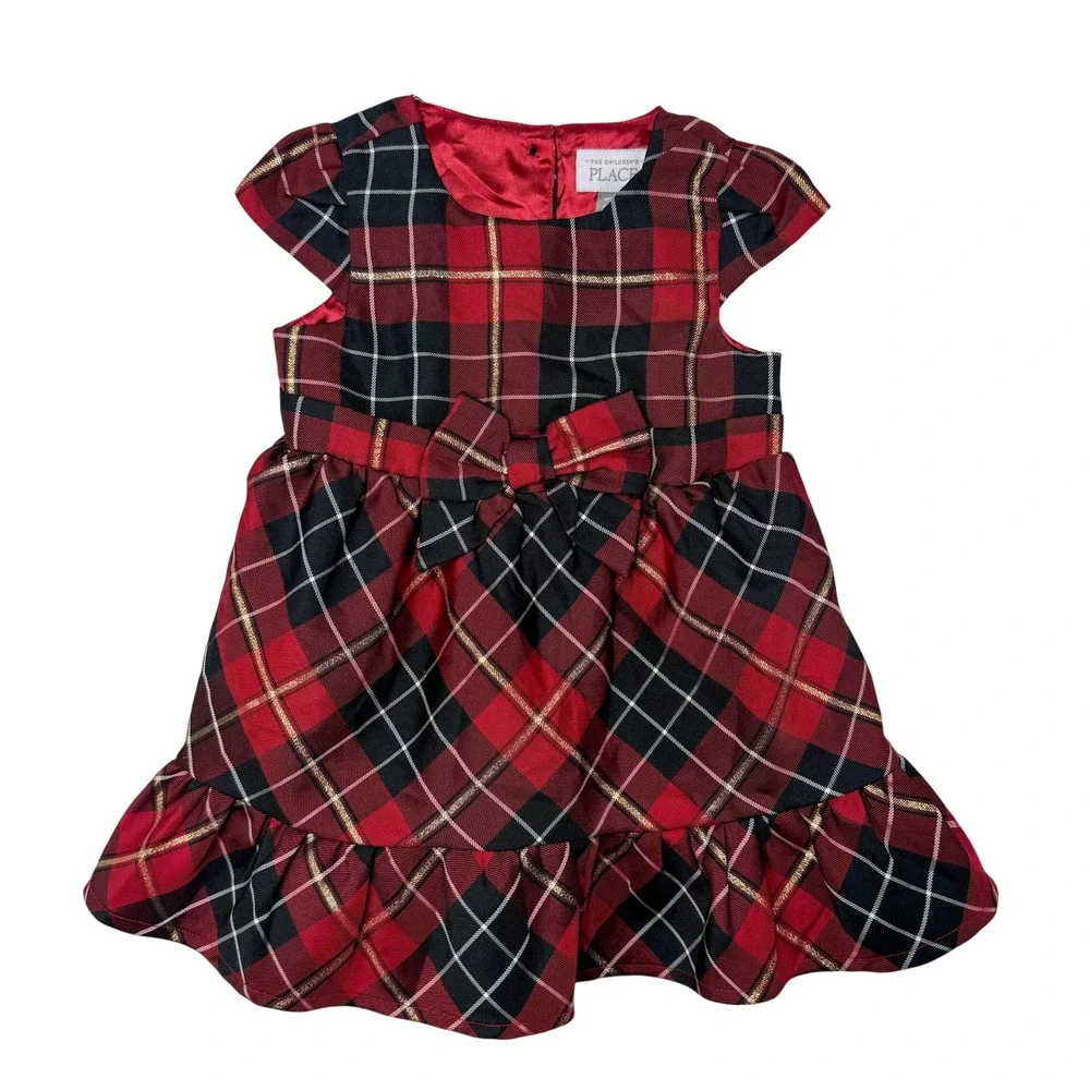 The Childrens Place Kids Red Black Plaid Metallic Gold Bow Holiday Dress 12-18M